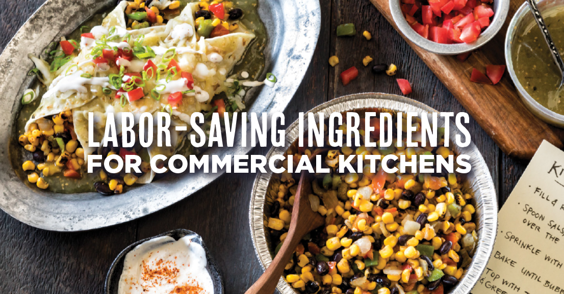 overhead view of Mexican cuisine ingredients, including tortillas, corn, black beans, and more, with the Simplot logo in the bottom left