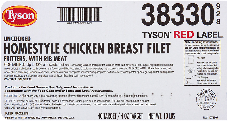 Tyson Red Label Uncooked Homestyle Chicken Breast Filet Fritters 4 Oz Feesers 5222